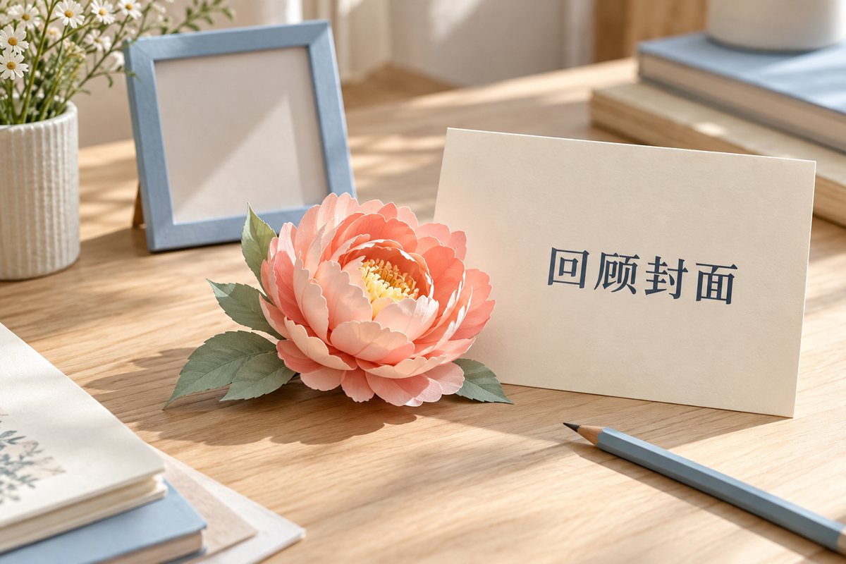 纸花旁摆放回顾封面用途卡
