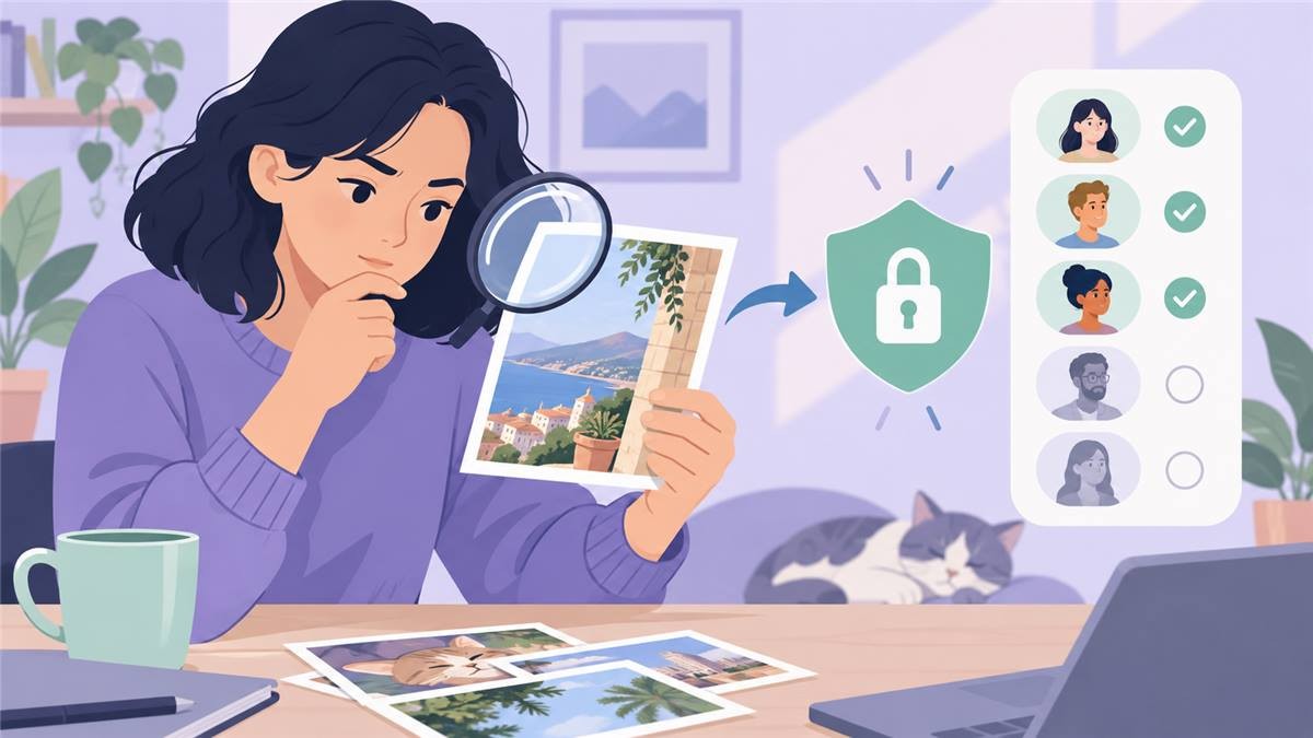 转发前检查图片中的个人信息并选择合适接收范围的示意图